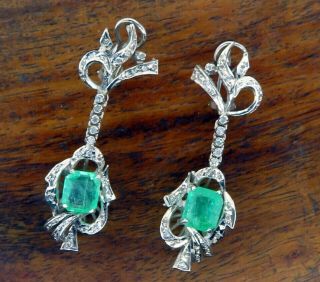 Vintage Palladium Art Deco Antique Colombian Emerald Diamond Dangling Earrings
