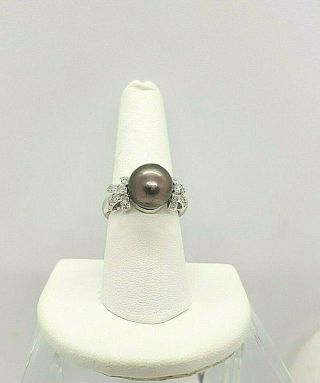 Vintage 14k White Gold Ring With Tahitian Pearl And Diamonds