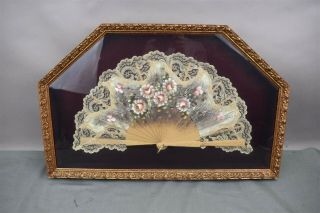 Antique Handpainted Victorian Era Fan Signed Lace Flowers Shadow Box