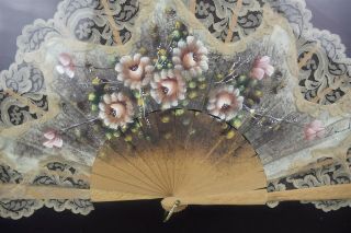 Antique Handpainted Victorian Era Fan Signed Lace Flowers Shadow Box 2