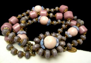 Rare Vintage Signed Miriam Haskell 8 " X1 - 1/4 " Purple Pink Glass Bead Bracelet A60