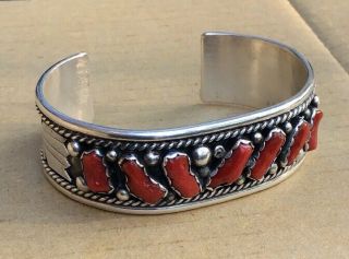 Vintage Native American Navajo Red Branch Coral Sterling Silver Cuff Bracelet