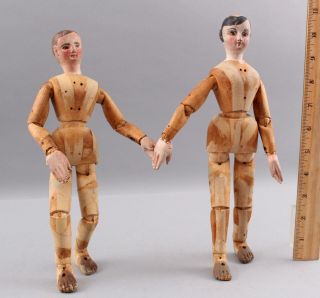 Antique Signed Carved & Painted Jointed Wooden Boy Girl Folk Art Artist Dolls