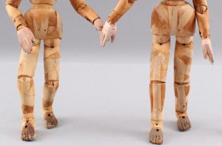 Antique Signed Carved & Painted Jointed Wooden Boy Girl Folk Art Artist Dolls 3