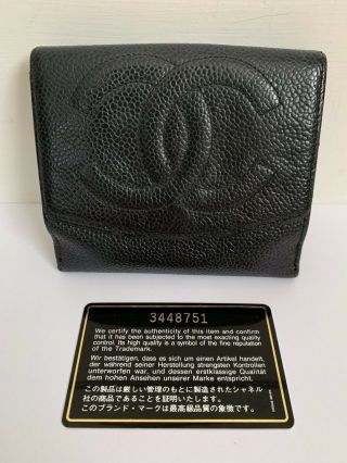 Chanel Vintage Black Caviar Leather Large Cc Logo Flap Pocket Bifold Wallet