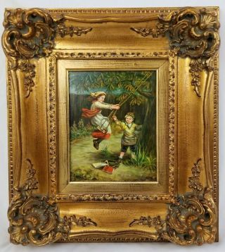 Antique Vintage Oil Painting Boy Pushing Girl On Swing Signed Framed