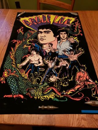 Vintage Bruce Lee Black Light Poster Felt Rare 1974