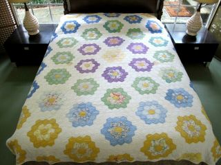 Vintage Feed Sack Hand Sewn Flower Garden Quilt; Needs Some Tlc; 81 " X 76 "