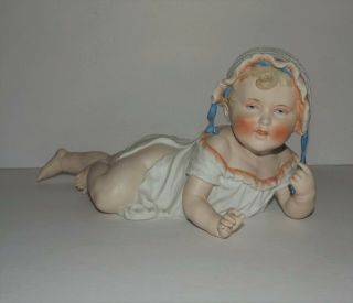 Antique Gebruder Heubach Crawling Child Vtg Large Bisque Piano Baby 12 " Figurine