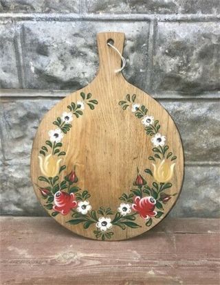 Vintage Cutting Board,  Folk Art Hand Painted Wooden Board,  Round Cheese Board A