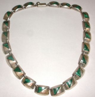 Vintage Mexican Sterling Silver Malachite Necklace Taxco Heavy 85gr