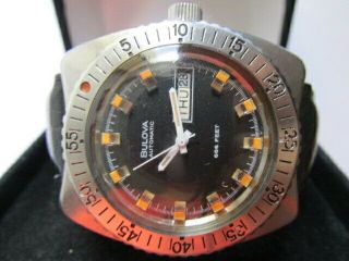Vintage Bulova Devil Diver 666 Feet Day Date Stainless Automatic Mens Watch 40mm
