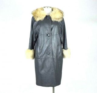 Vtg 60s Azens Fox Fur Gray Leather Swing Coat Trench Jacket Retro Womens Size S
