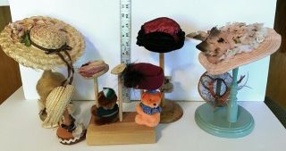 7 Vintage Doll Hats - 6 Hat Stands - Some Handmade - 1 French Hat Box Measures Below