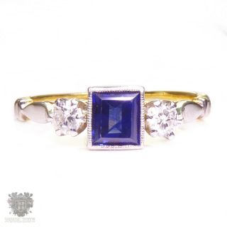 Antique 18k Gold & Platinum Natural Blue Sapphire Diamond Engagement Ring Deco