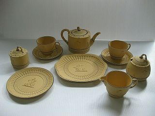 Vintage Wedgwood Yellow Cane On Black Japerware Tea Set Pot Cup Sugar Creamer,