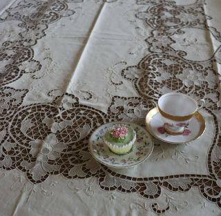 Vintage Madeira Embroidered Cut Work Lace Tablecloth 85 " By 68 "