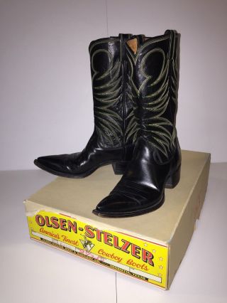 Rare Vintage Olsen Stelzer Cowboy Boots Black Buffalo Leather 8.  5 B Henrietta Tx
