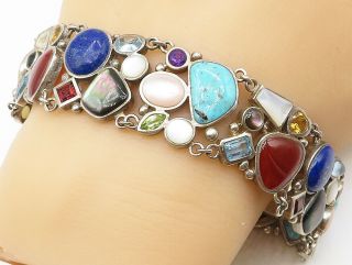 925 Sterling Silver - Vintage Multi - Gemstone Mosaic Style Chain Bracelet - B5112