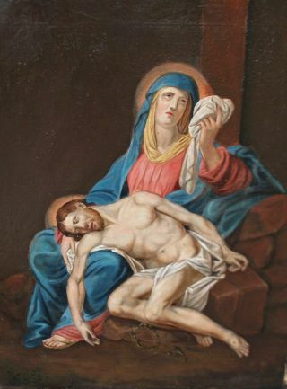 " Probst (1862) " Antique Oil Painting On Canvas " Religious Scene (la Pieta 