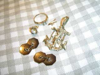 14k Navy Anchor Crucifix Cufflinks Pendant Gold Ring No Scrap Vintage