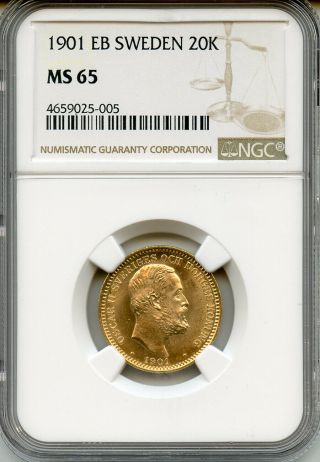 Sweden 1901 - Eb Kg.  Oscar Ii 20 Kronor Rare Date Gold Coin Ngc Ms - 65 - Gem - Unc.