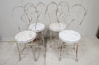4 Vintage Heavy Heart Back Twisted Metal Ice Cream Parlor Chairs