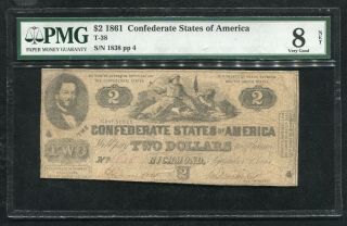 T - 38 1861 $2 Two Dollars Csa Confederate States Of America Pmg Very Good - 8 Rare