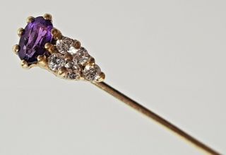 Vintage 9 Carat Gold Stick Pin - Purple Amethyst & Diamond Set Thistle 5cm 1988