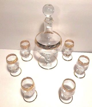 Interglass Italy 7pc Luxury Clear Vintage Shot Glass & Decanter Set 24k Gold
