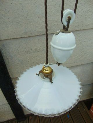 Antique Vintage French Rise & Fall Counterbalance Pendant Light & Coolie Shade
