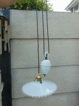 ANTIQUE VINTAGE FRENCH RISE & FALL COUNTERBALANCE PENDANT LIGHT & COOLIE SHADE 3