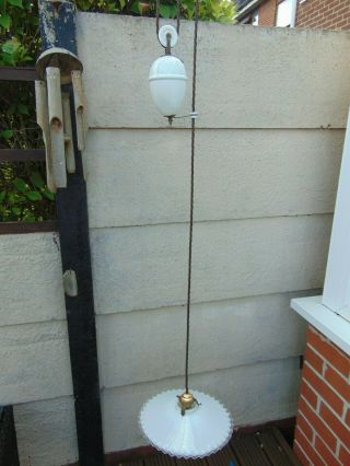 ANTIQUE VINTAGE FRENCH RISE & FALL COUNTERBALANCE PENDANT LIGHT & COOLIE SHADE 7