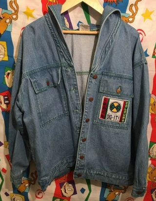 Vintage Cross Colours Denim Jacket Hoodie Size 2 Large Patches Zipper