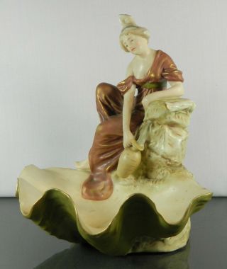 Antique Royal Dux Porcelain Bowl Centerpiece Lady on a Shell Czech Republic 3