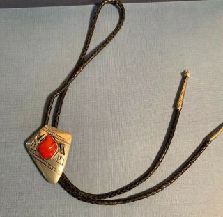 Early Vintage Large Navajo Sterling Silver Coral Bolo Tie With Bennett Clip