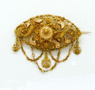 Antique Victorian Dutch 14k Gold Hand Made Filigree Pin Brooch 1860