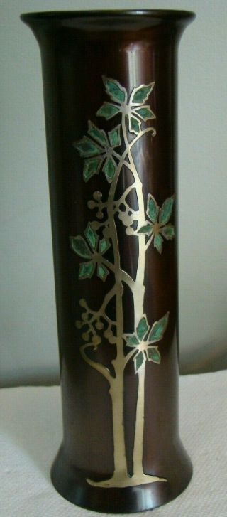 Otto Heintz Arts & Crafts Sterling On Bronze Silver Vase Green Leafs 9 - 1/2 " Tall