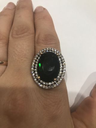 Wow Antique Vintage Dark Green Oval Emerald & Sapphires Silver 925 Ring.