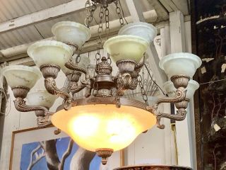 Large Vintage Multiple Lights Alabaster Chandelier