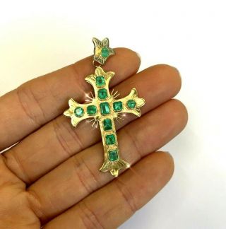 Fine Solid 18k Gold Antique Style Vivid Green Colombian Emerald Cross Pendant