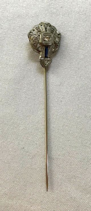 Antique Art Deco Sapphire & Diamond 18k White Gold Stick Pin 3