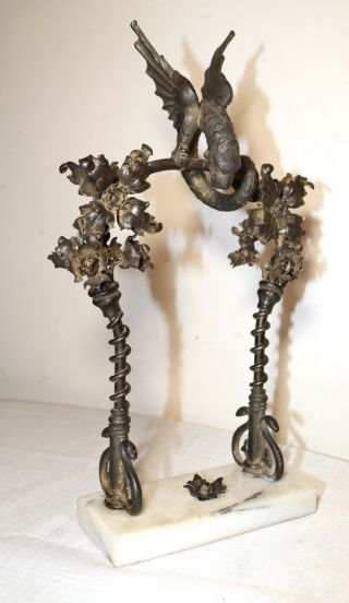 Antique Ornate Hand Wrought Iron Marble Figural Sculpture Griffin Dragon Statue