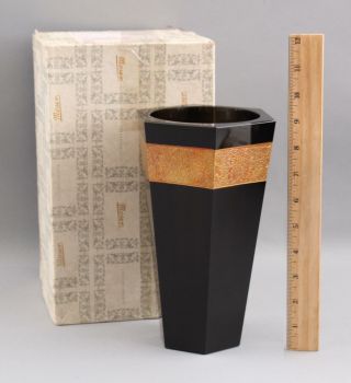 Vintage Authentic Signed Moser Czech Amethyst Black Art Glass Hexagonal Vase