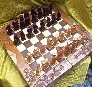 Vintage / Antique Chinese Carved Wood Figures Large Folding Box Chess Game Set