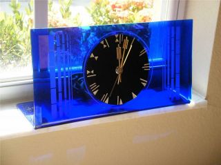 Rare C1935 Deco Large Crystal Bent Fyrart Cobalt Blue Glass Clock Waltham Nr
