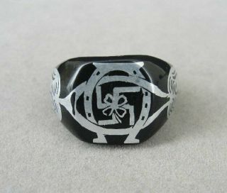 Ring Bakelite Vintage Good Luck Size 11 1/2 Black W/ Silver Accents Face Signet