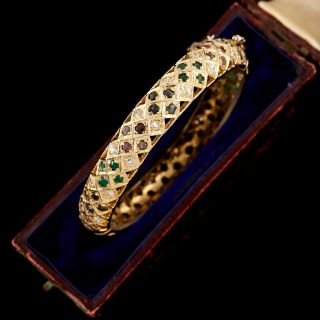 Antique Vintage Nouveau Sterling Silver Gold Indian Mughal Paste Bangle Bracelet