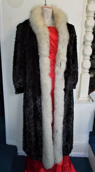 Full Length Black Mink Coat With White Fox Trim Large Vintage 1990