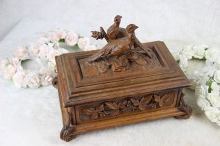 Antique German Black Forest Wood Carved Jewelry Box Velvet Birds
